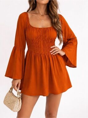 Boho Cottagecore Mini Dress Rust Orange Bell Sleeve Smocked Size Large
